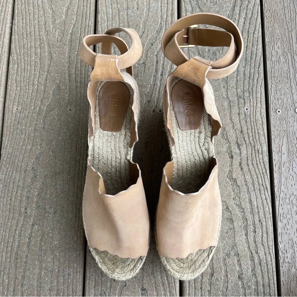 Chloe Beige Tan Suede Espadrille Wedge Sandals